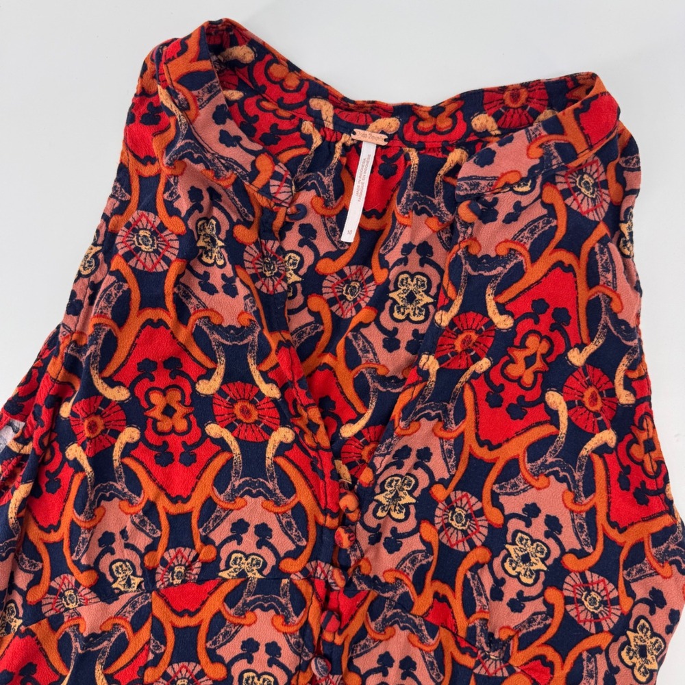 Free People Tunic Top Womens 10 Red Navy Paisley Boho Button V-Neck Sleeveless